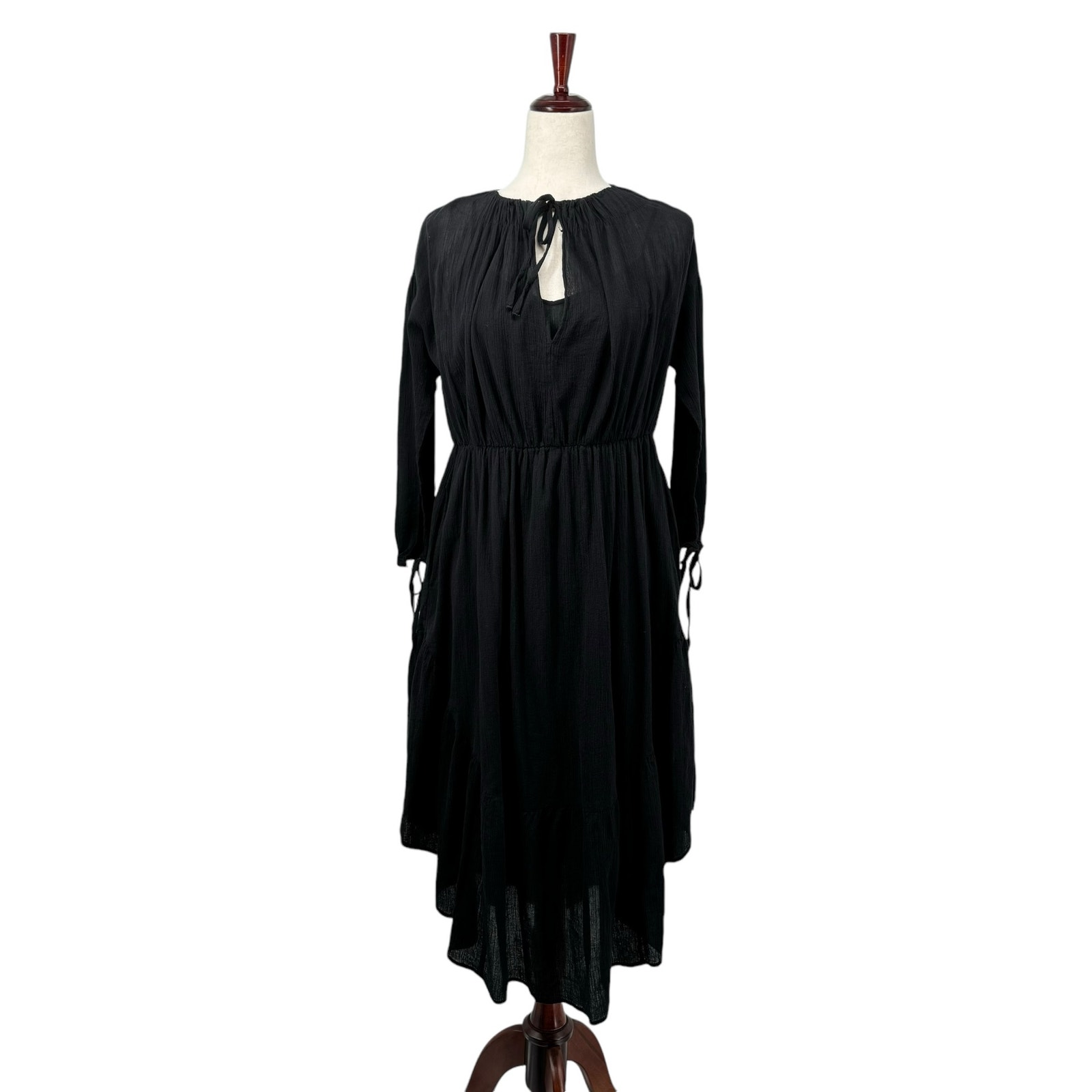 Vince Shirred Seamed Cotton Midi Dress S Black Sheer Witchy Layers Ruffle Hem